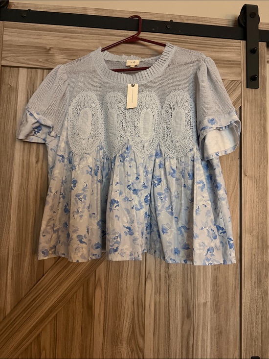Anthropologie Tops - Anthropologie Light Blue Crochet Yoke Floral Babydoll Top